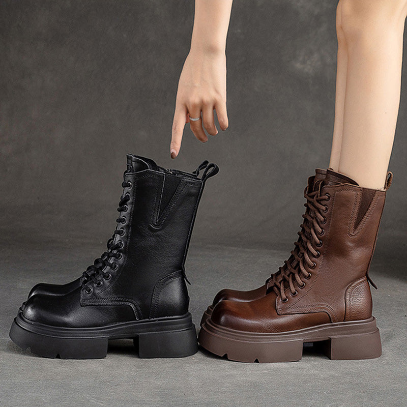 Women Retro Classic Leather Platform Mid-Calf Boots-RAIIFY
