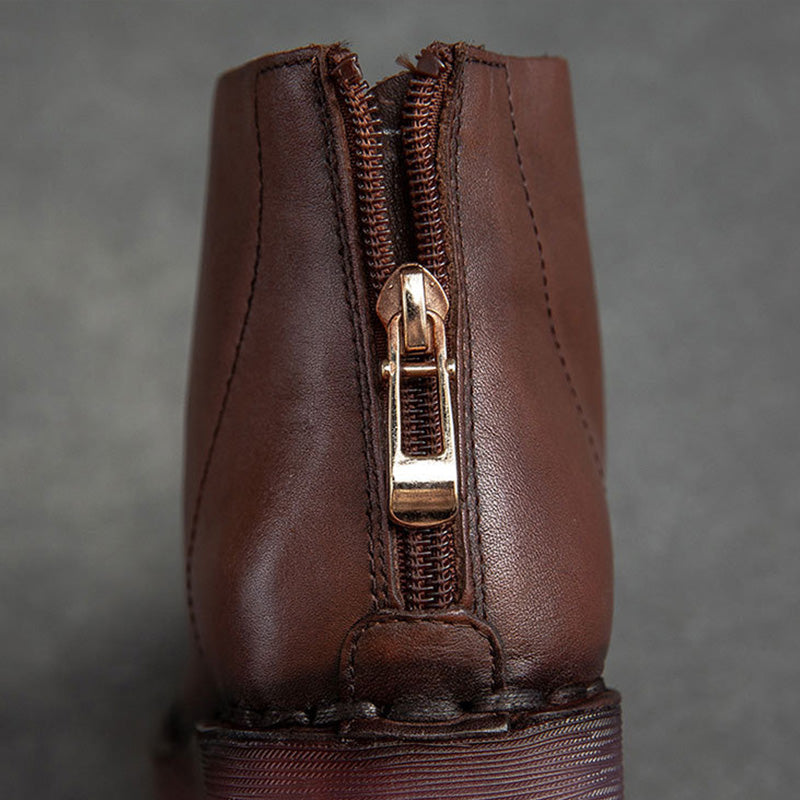 Women Retro Low Wedge Leather Ankle Boots-RAIIFY