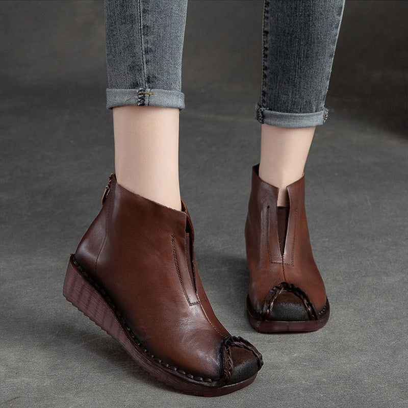 Women Retro Low Wedge Leather Ankle Boots-RAIIFY