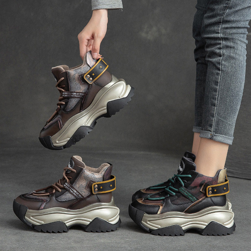 Women Retro Fashion Leather Chunky Platform Dad Shoes-RAIIFY