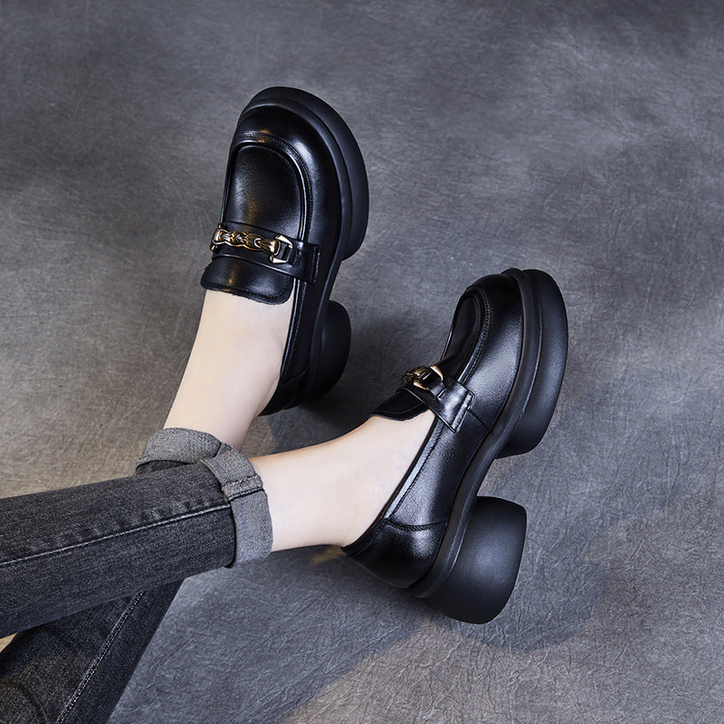 Women Retro Chain Leather Chunky Platform Loafers-RAIIFY