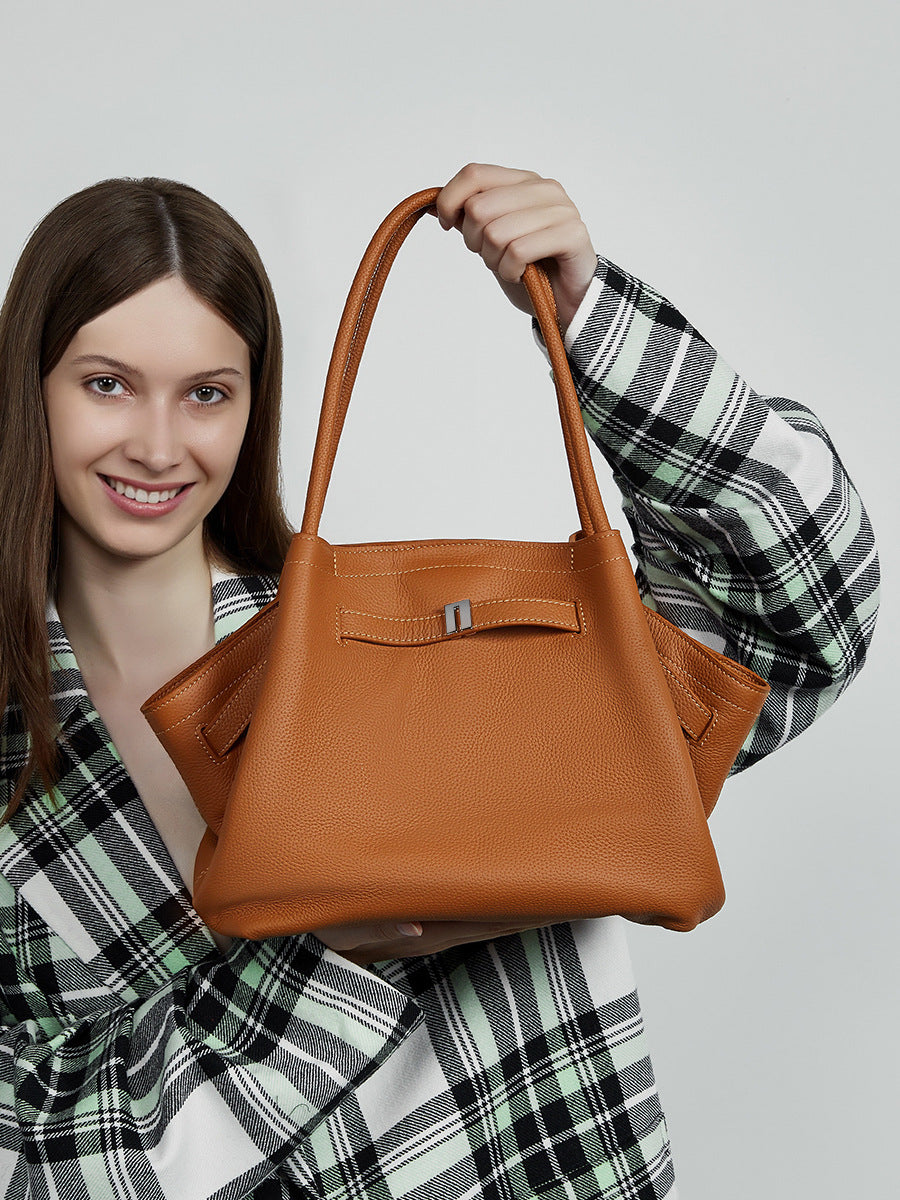Women's Stylish Plain Cowhide Casual Shoulder Tote Bag-RAIIFY