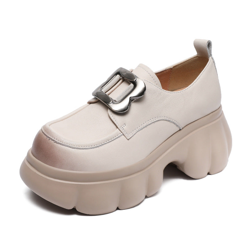 Women Plain Leather Buckle Chunky Platform Loafers-RAIIFY