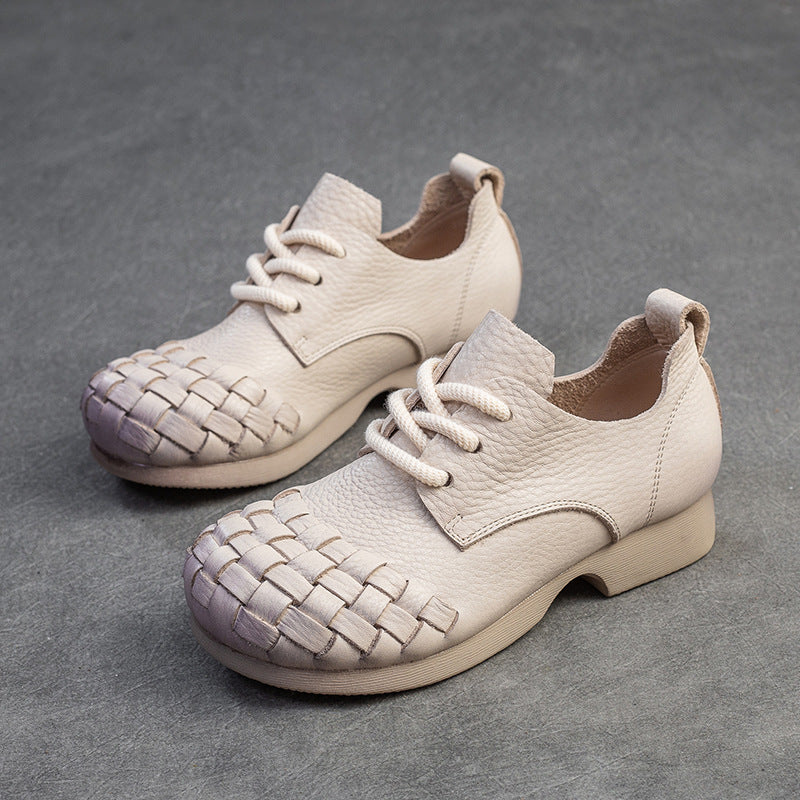 Women Retro Soft Plaited Cowhide Casual Shoes-RAIIFY