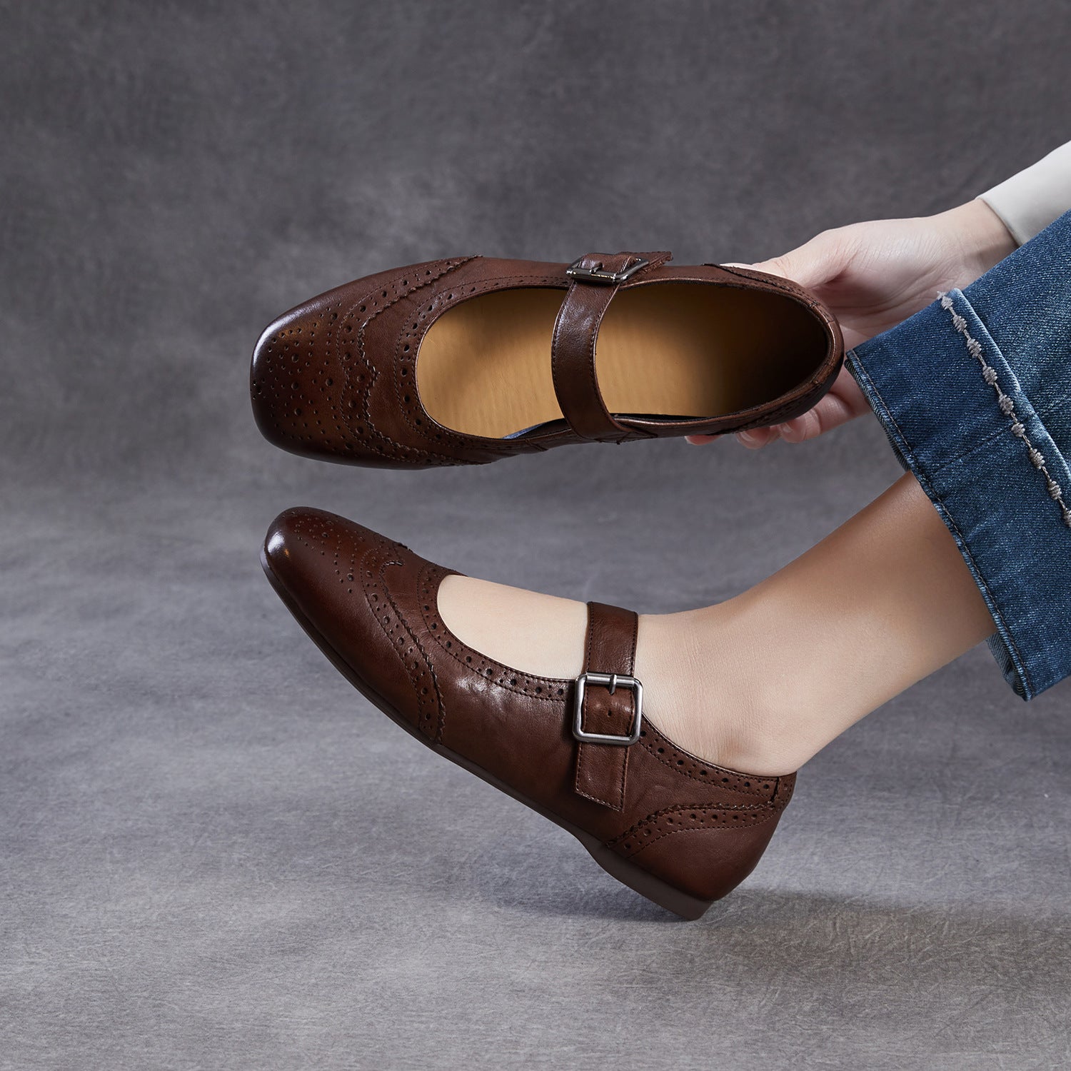 Women Leather Vintage Square Toe Mary Jane Flats-RAIIFY