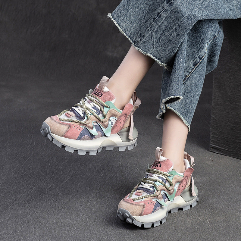 Women Patchwork Cowhide Leather Breathable Platform Shoes-RAIIFY