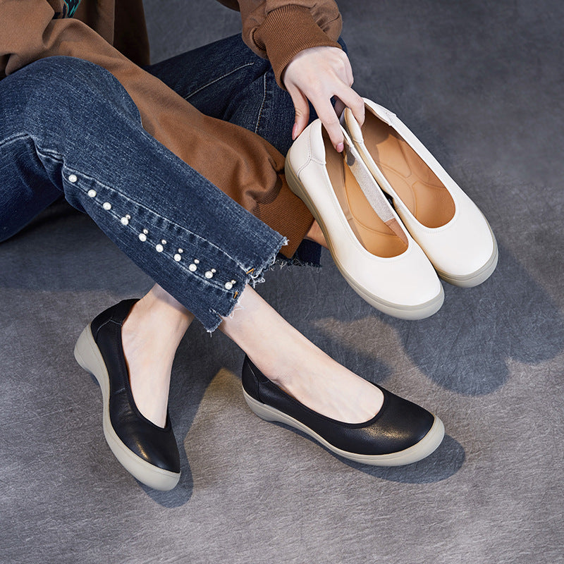 Women Simple Solid Leather Low Wedge Casual Shoes-RAIIFY