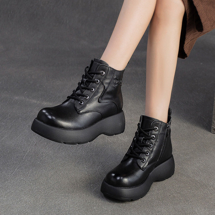 Women's Retro Plain Leather Platform Ankle Snow Boots-RAIIFY