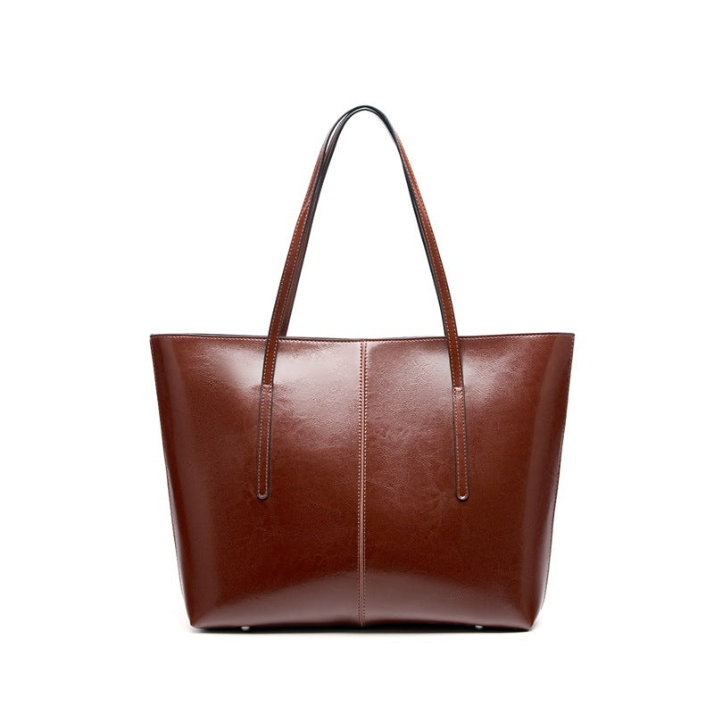 Women's Plain Leather Large Capacity Shoulder Tote Bag-RAIIFY