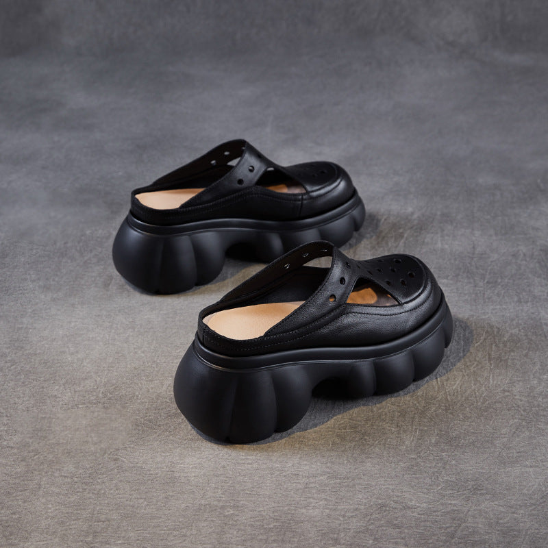Women's Retro Hollow Leather Summer Platform Mules-RAIIFY
