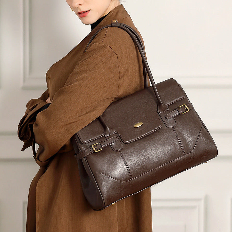 Women’s Minimalist Plain Leather Shoulder Tote Bag-RAIIFY