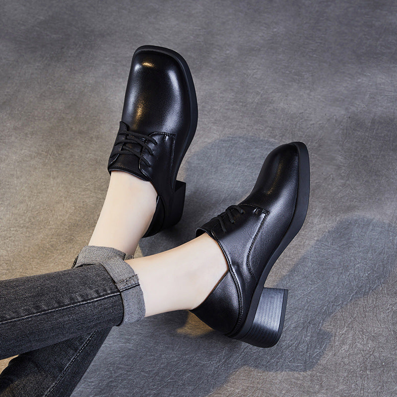 Women Minimalism Soft Sheepskin Chunky Heel Casual Shoes-RAIIFY