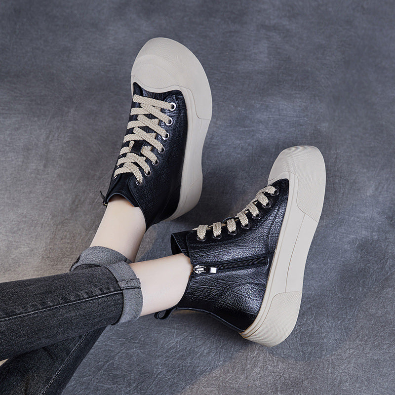 Women's Casual Plain Leather Flat Ankle Boots-RAIIFY