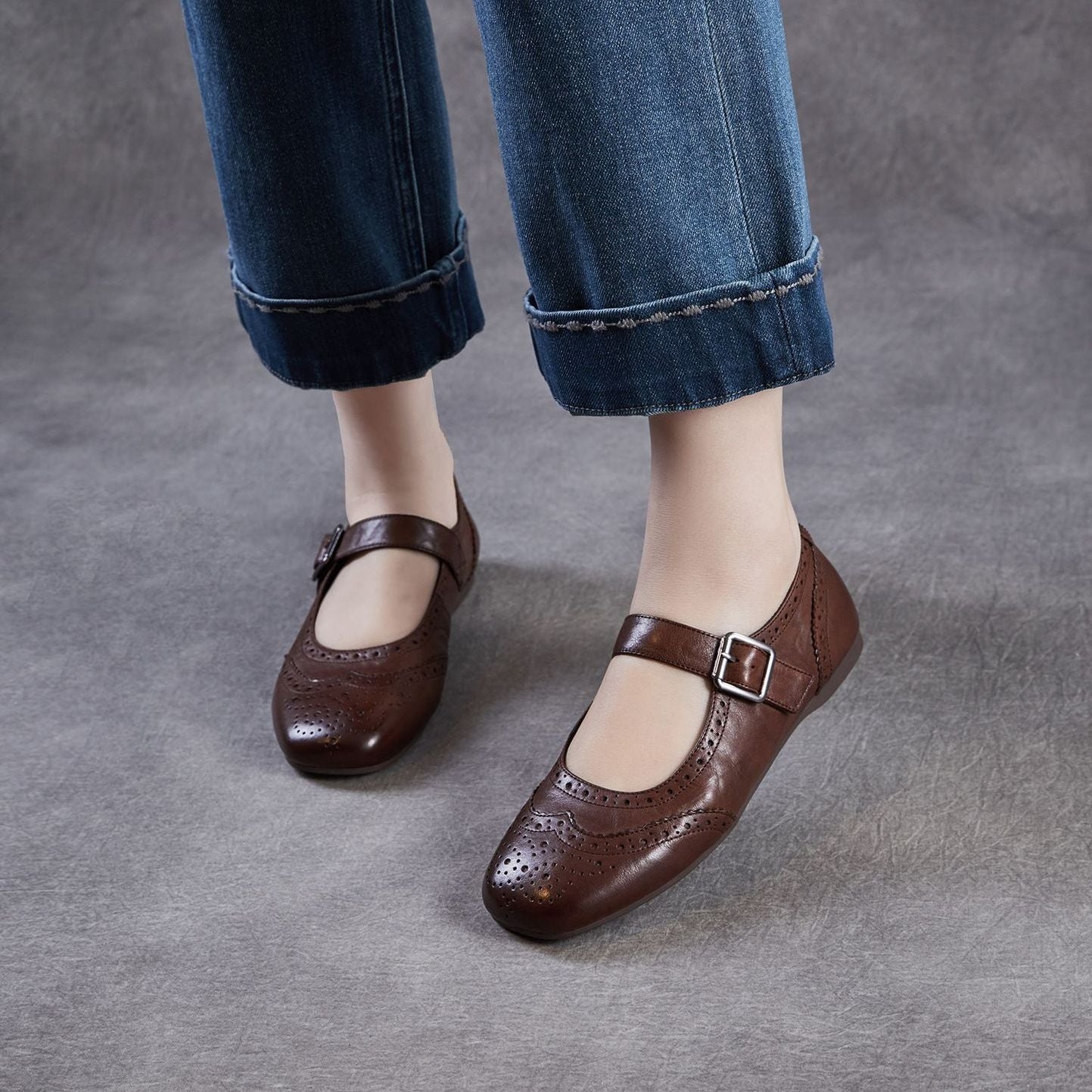 Women Leather Vintage Square Toe Mary Jane Flats-RAIIFY