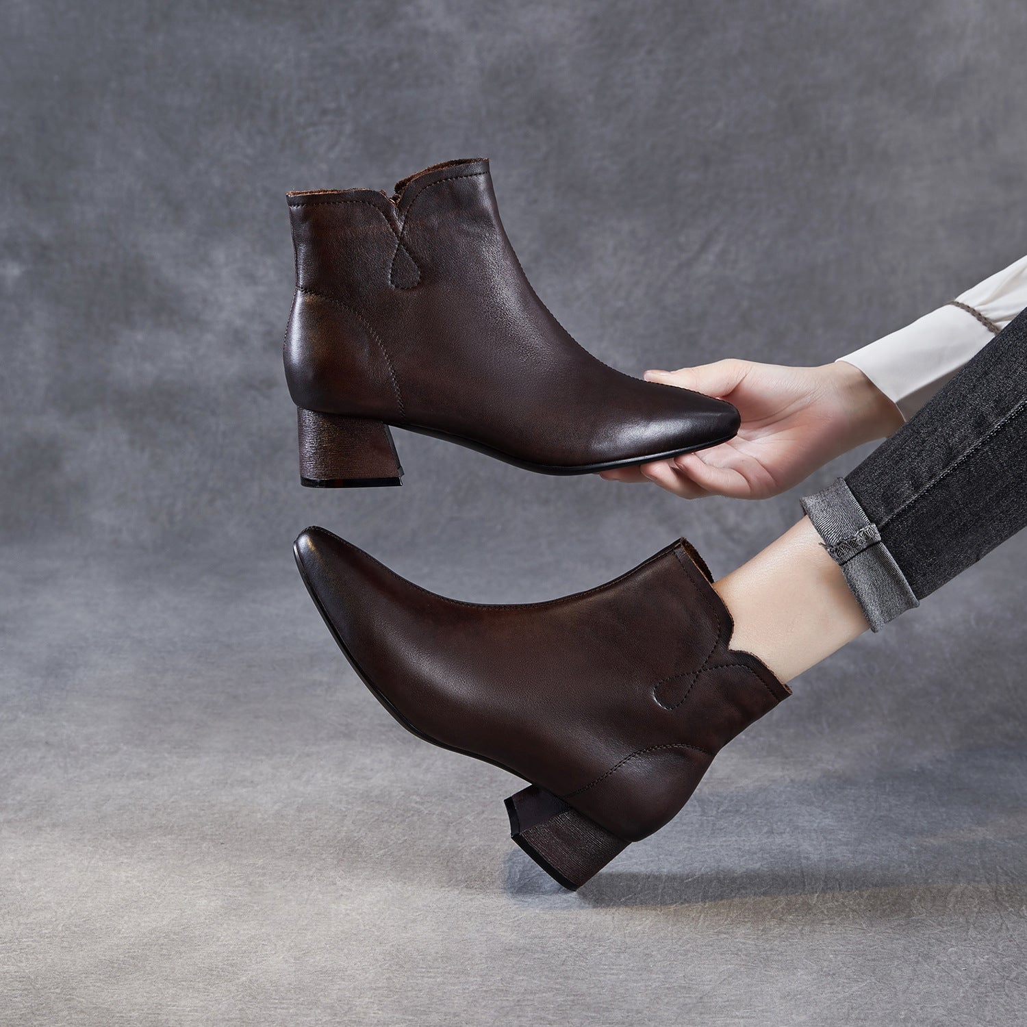 Women's Pointed-Toe Block-Heel Leather Ankle Boots-RAIIFY