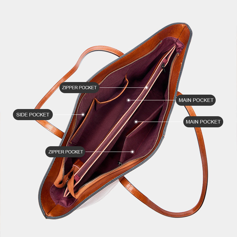Women's Plain Leather Large Capacity Shoulder Tote Bag-RAIIFY