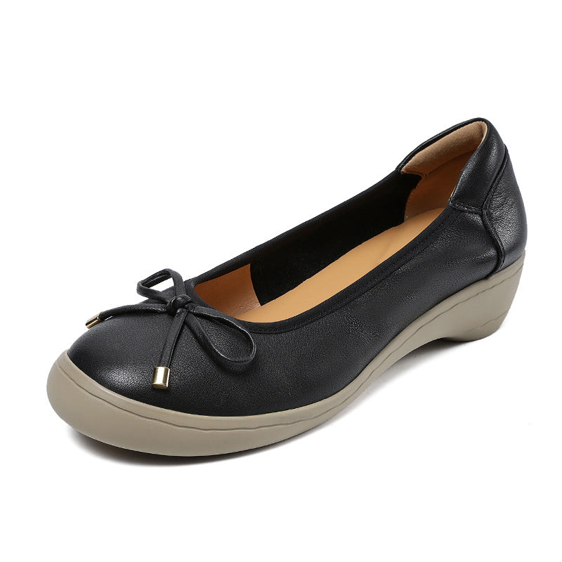 Women Solid Leather Low Wedge Bowknot Casual Shoes-RAIIFY