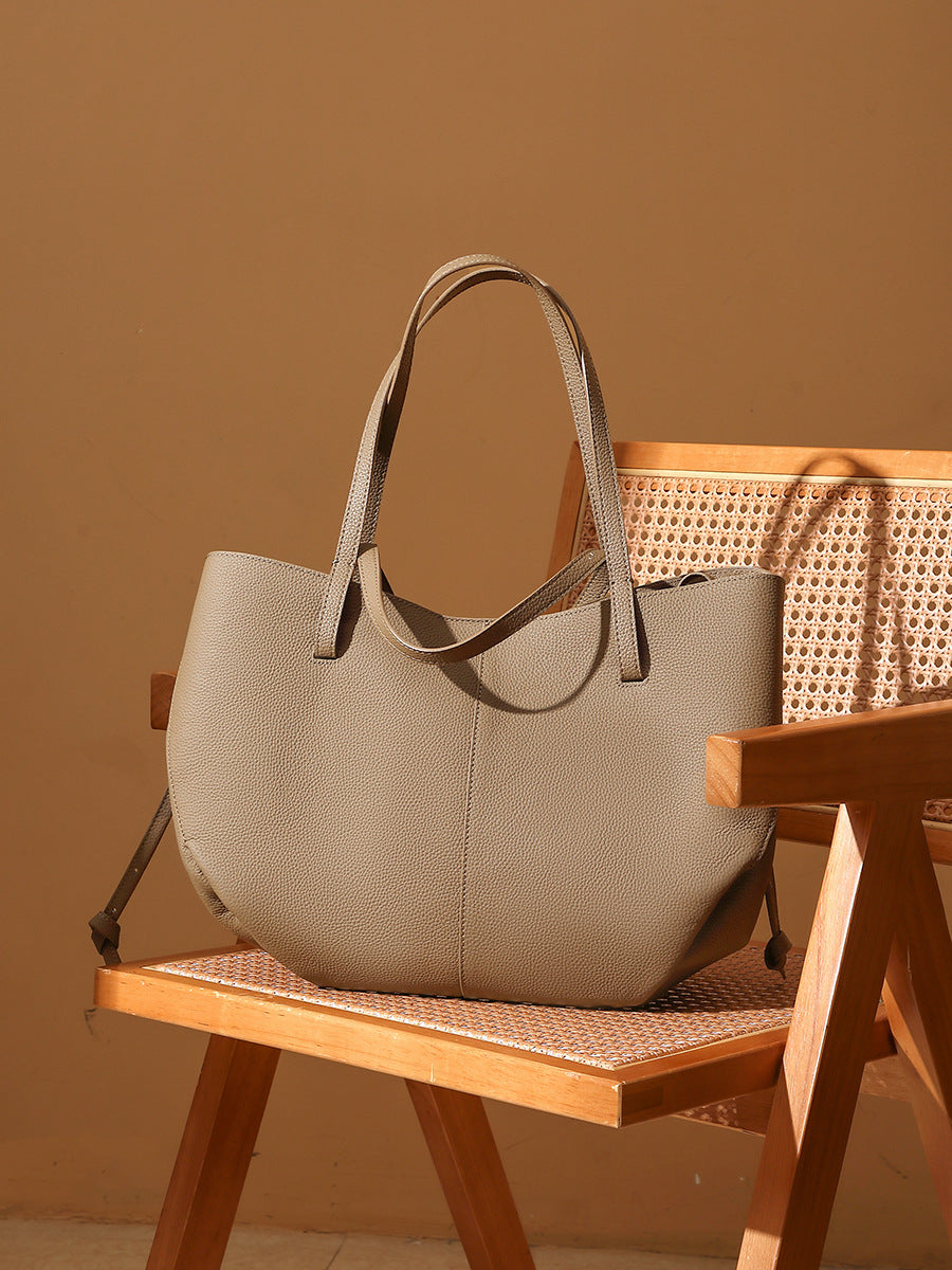 Women’s Leather Tote Bag with Detachable Pouch-RAIIFY