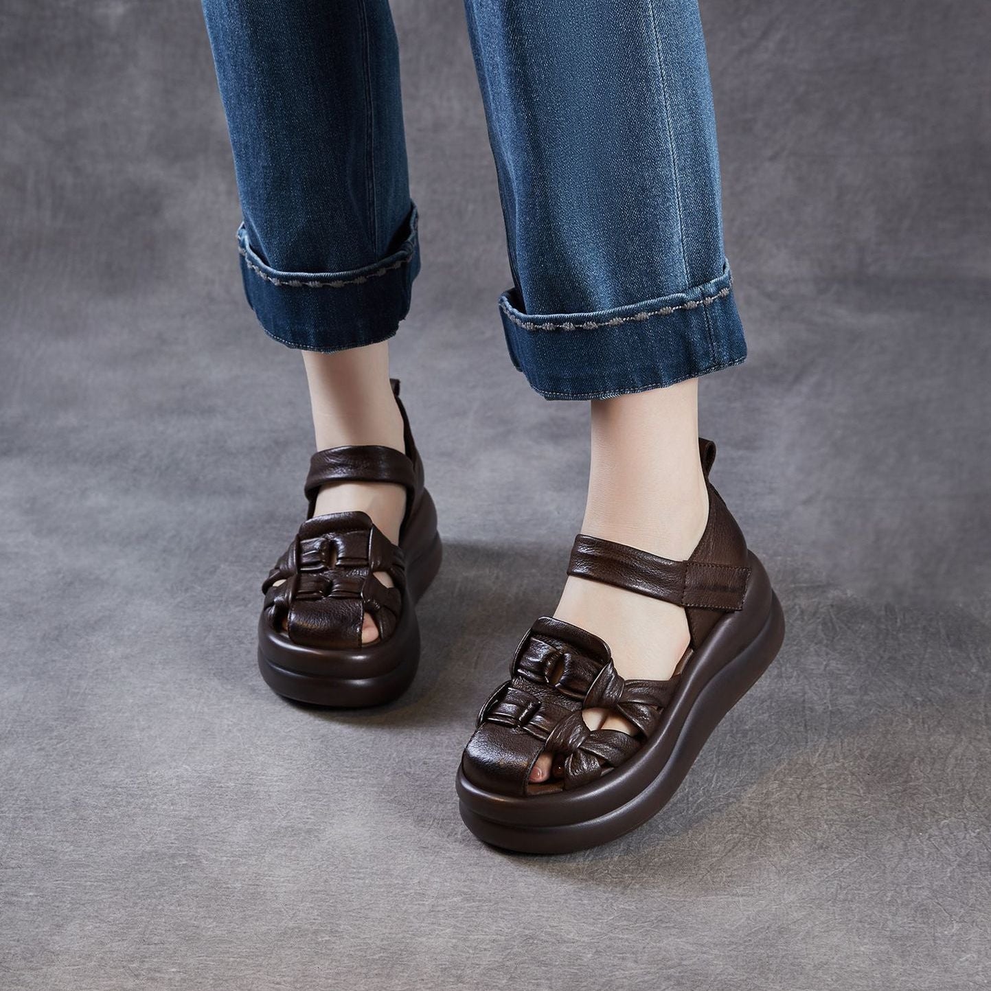 Women's Genuine Leather Retro Thick Sole Mary Jane Fisherman Sandals-RAIIFY