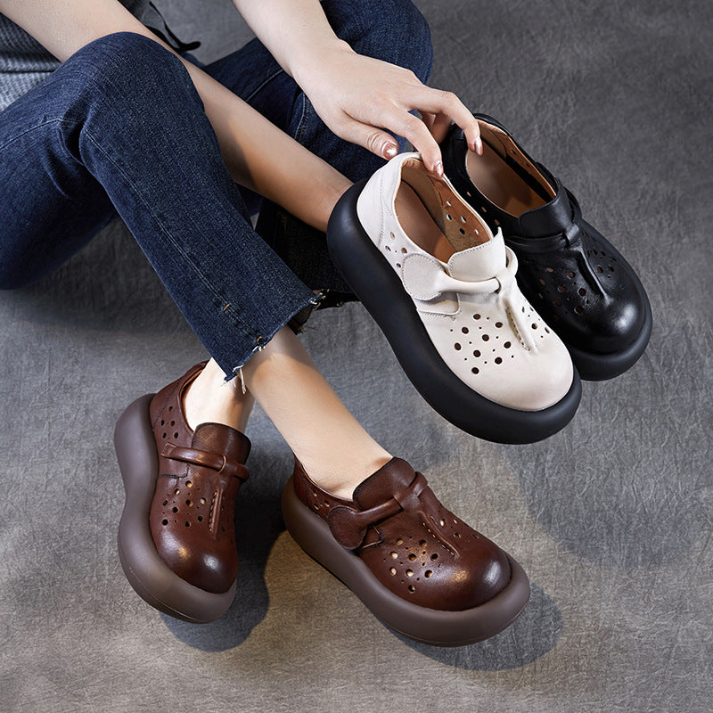 Women Retro Hollow Plain Leather Platform Casual Shoes-RAIIFY