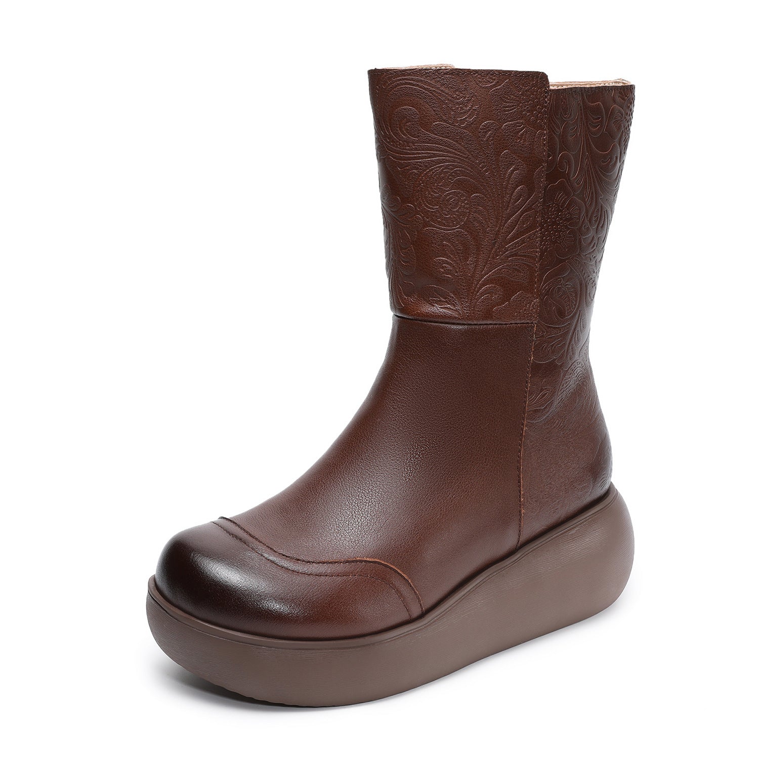 Women's Vintage Embossed Leather Furred Platform Boots-RAIIFY