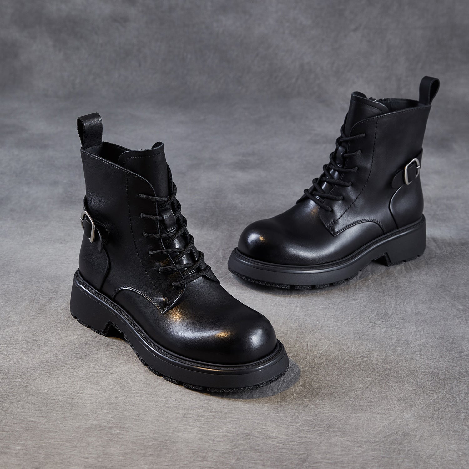 Women's Retro Plain Leather Buckle Ankle Boots-RAIIFY