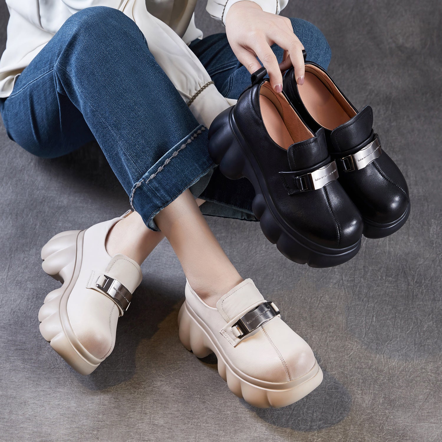 Women Genuine Leather Metal Buckle Platform Wedge Loafers-RAIIFY