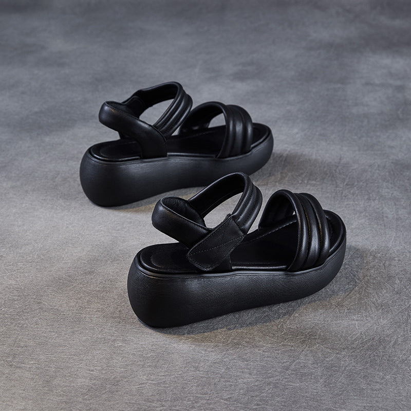 Women Minimalism Plain Leather Velcro Platform Sandals-RAIIFY