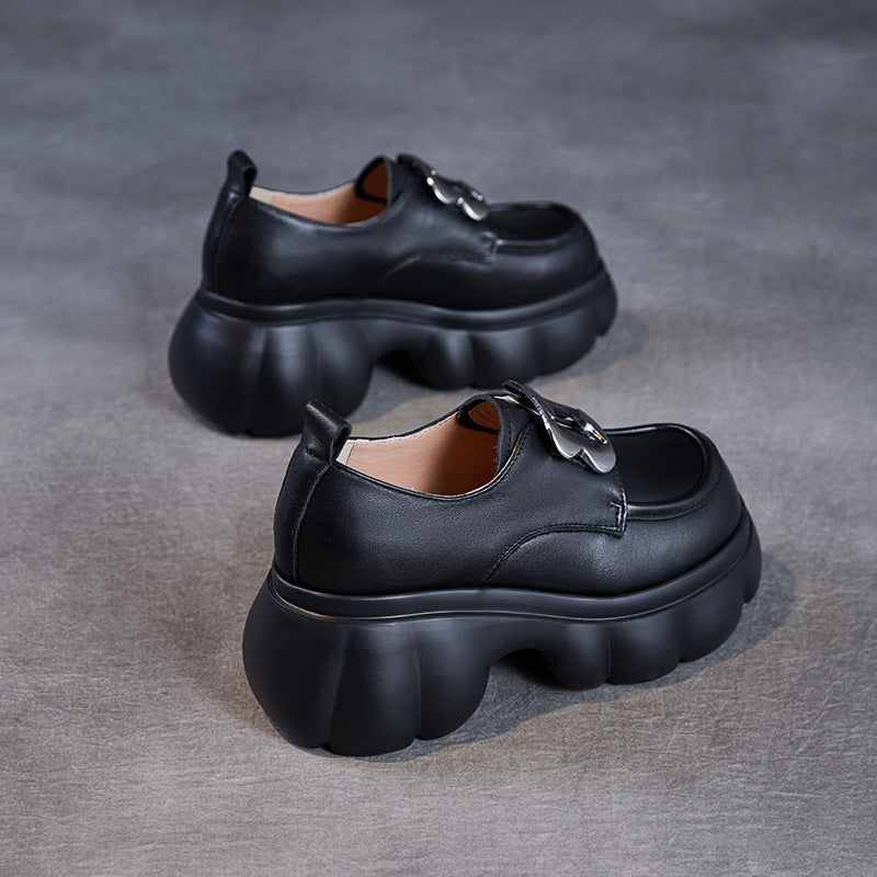Women Plain Leather Buckle Chunky Platform Loafers-RAIIFY