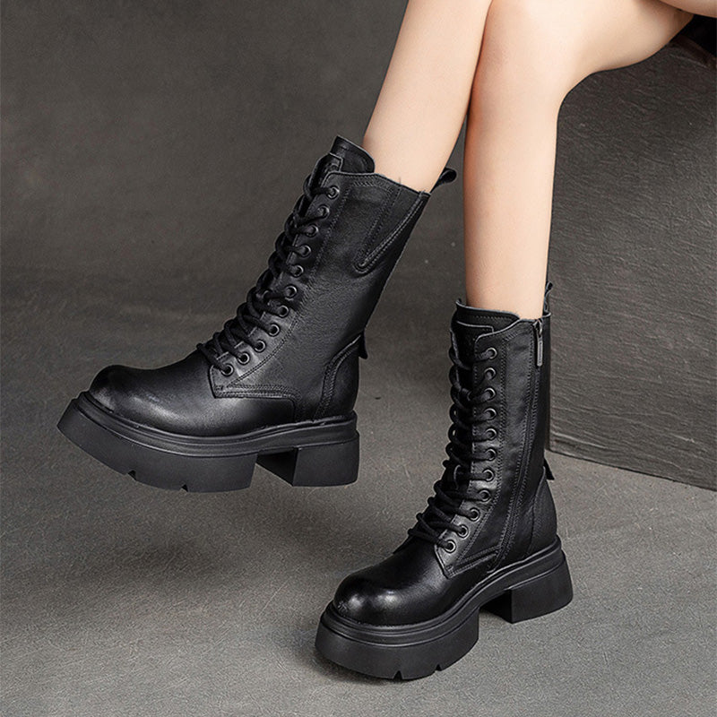 Women Retro Classic Leather Platform Mid-Calf Boots-RAIIFY