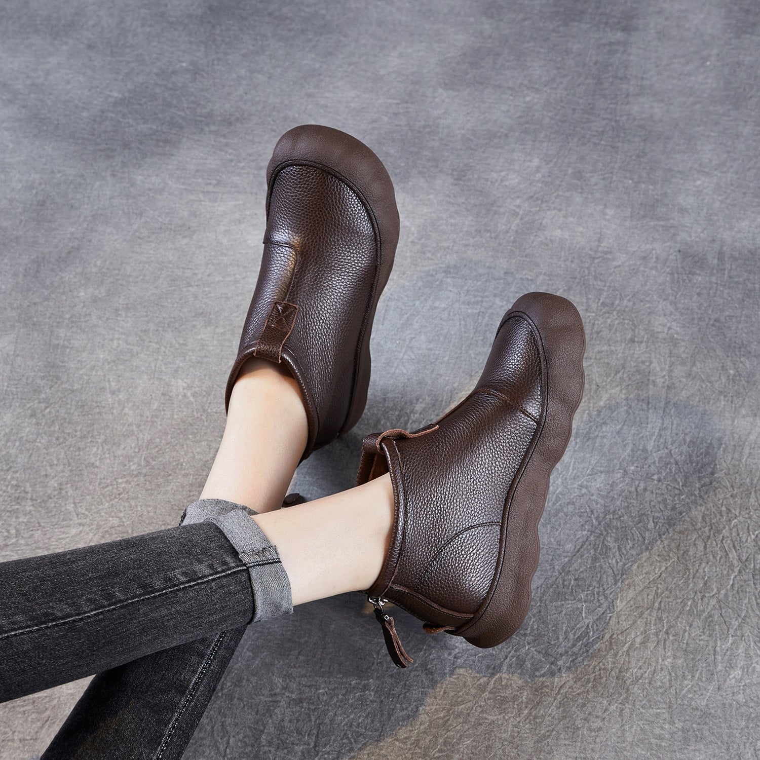 Women's Simple Plain Leather Flat Ankle Boots-RAIIFY