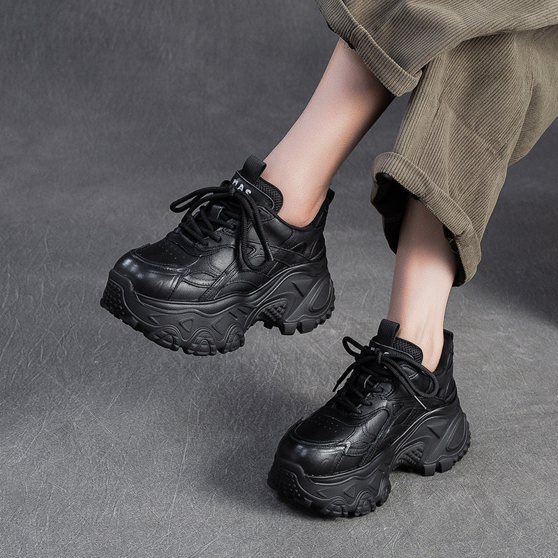 Women's Plain Leather Chunky Platform Sneakers-RAIIFY