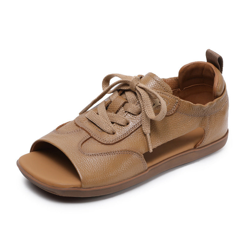 Women's Genuine Leather Retro Soft Sole Lace Up Sandals-RAIIFY