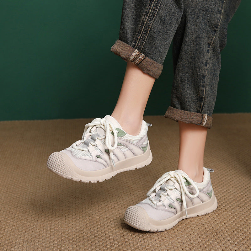 Women's Breathable Mesh Leather Low Top Casual Shoes-RAIIFY