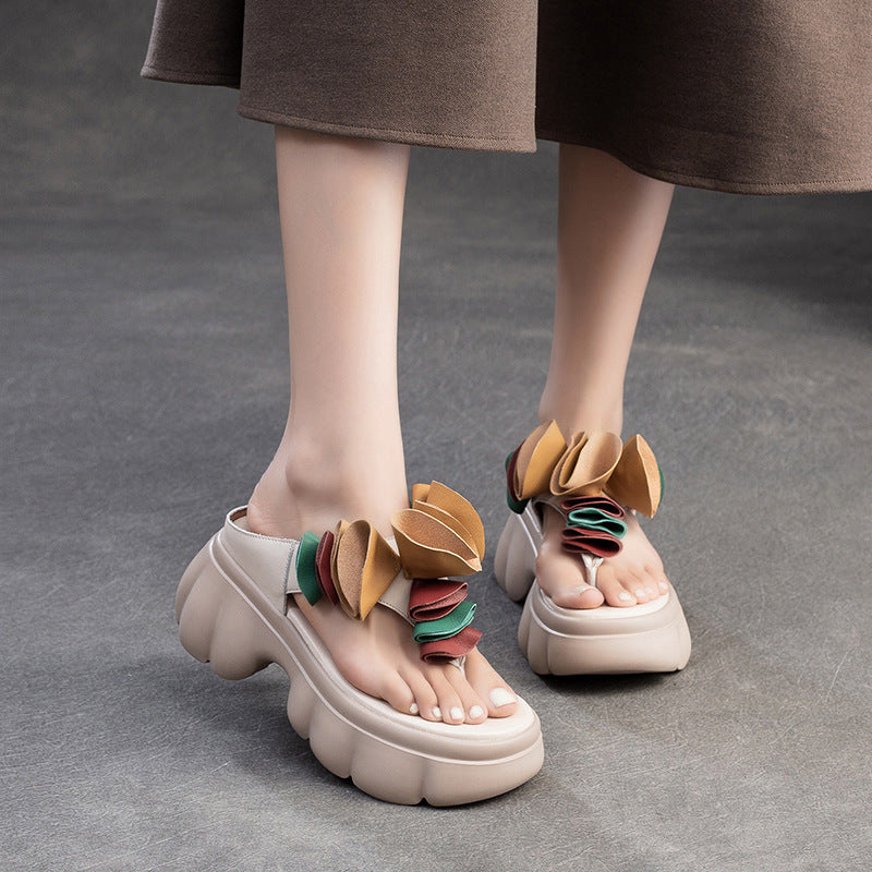 Women Summer Casual Leather Platform Slide Sandals-RAIIFY