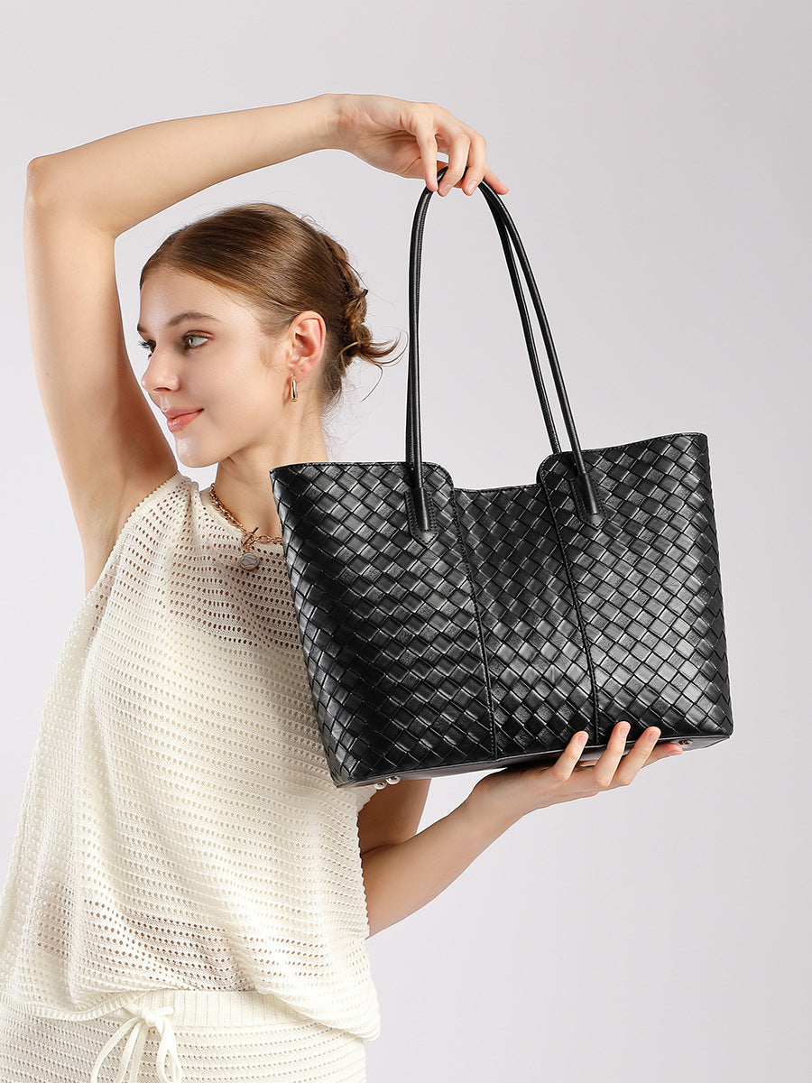 Women's Minimalist Plain Woven Leather Tote Bag-RAIIFY