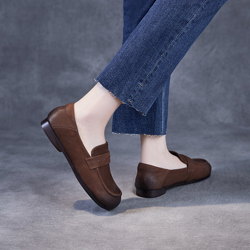 Women Retro Solid Leather Casual Flat Soft Loafers-RAIIFY