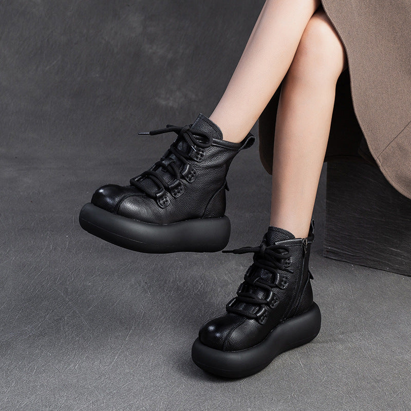 Women Retro Minimalism Leather Platform Boots-RAIIFY
