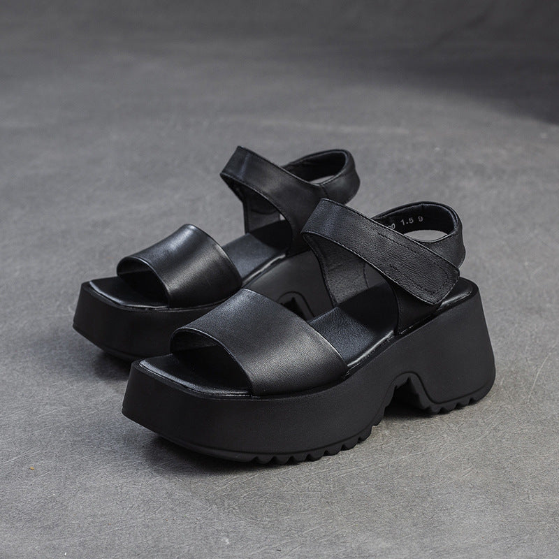 Women Retro Plain Leather Chunky Platform Sandals-RAIIFY