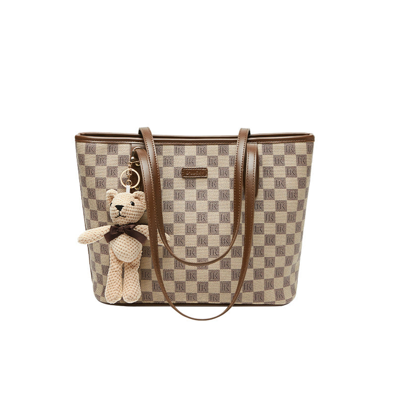 Women's Stylish Checkered Tote Bag with Bear Charm-RAIIFY