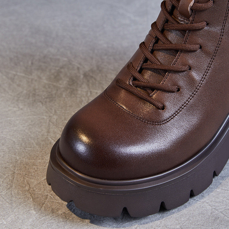 Women's Casual Plain Leather Platform Boots-RAIIFY