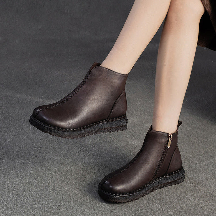 Women's Vintage Plain Leather Furred Flat Ankle Boots-RAIIFY