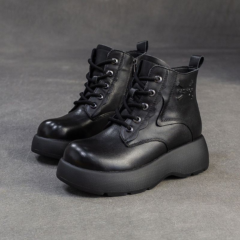 Women's Retro Plain Leather Platform Ankle Snow Boots-RAIIFY