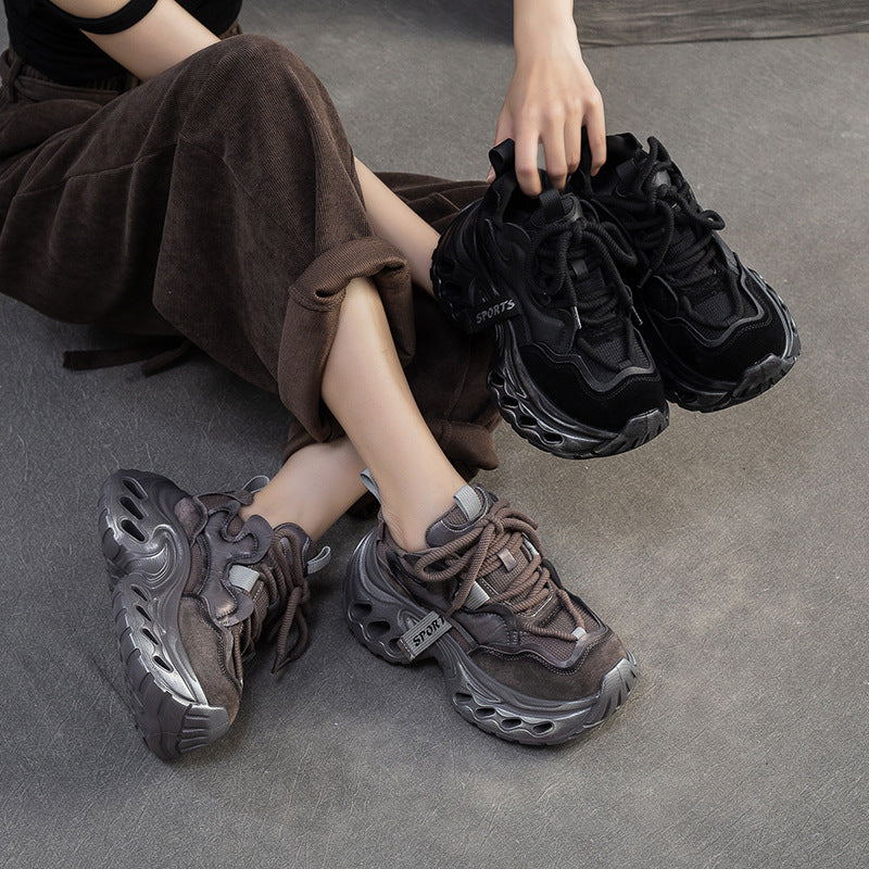 Women's Vintage Leather Chunky Platform Sneakers-RAIIFY