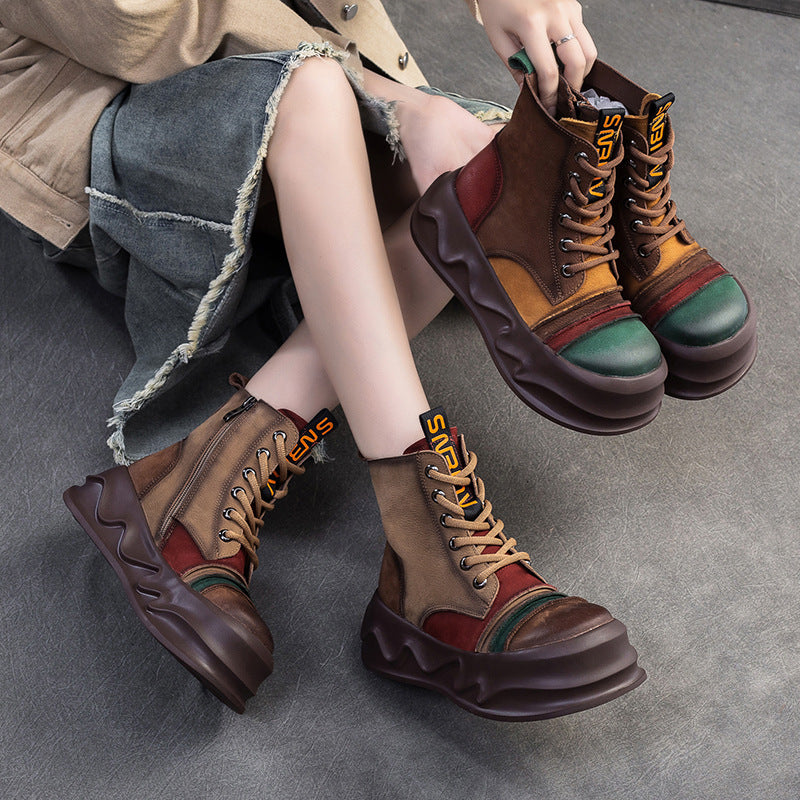 Women Color Matching Leather Winter Furred Boots-RAIIFY