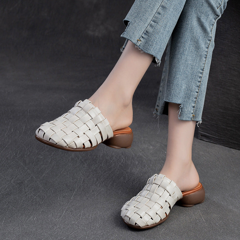 Women Handmade Plaited Leather Low Block Slides Sandals-RAIIFY