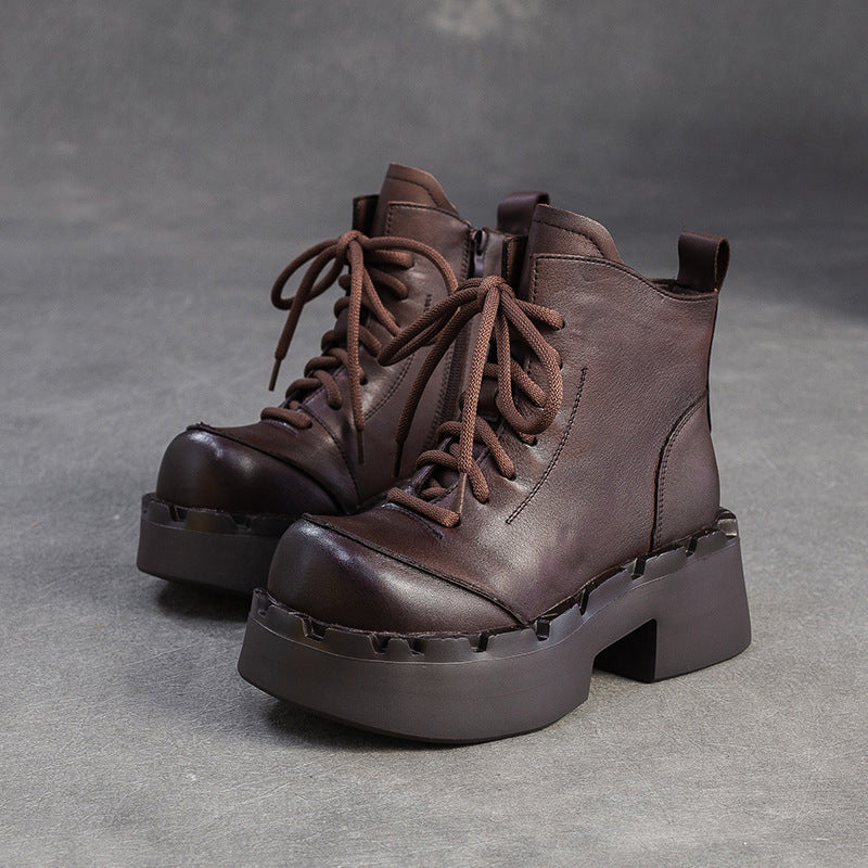 Women's Retro Leather Chunky Platform Ankle Boots-RAIIFY
