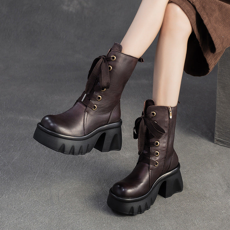 Women's Vintage Leather Chunky Platform Mid-Calf Boots-RAIIFY