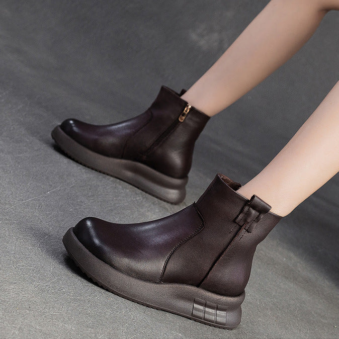 Women's Minimalist Plain Leather Furred Ankle Snow Boots-RAIIFY