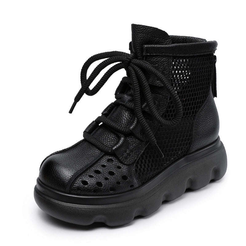 Women Plain Hollow Leather Mesh Platform Boots-RAIIFY